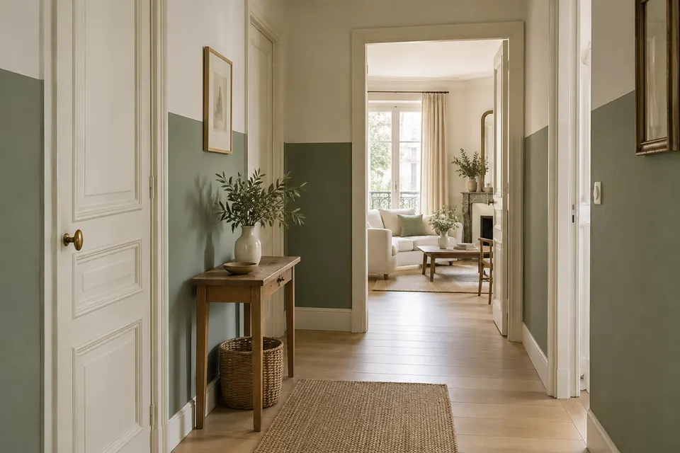 Illustration d’une entrée aux soubassements vert sauge et aux portes crème.