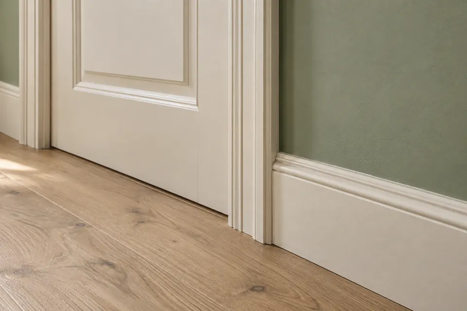 Illustration en gros plan d’une porte et de plinthes peintes, contre un mur vert sauge.